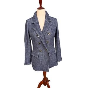 Chico's blazer jacket blue knit tweed like double breasted fringe edge Sz 1 US M